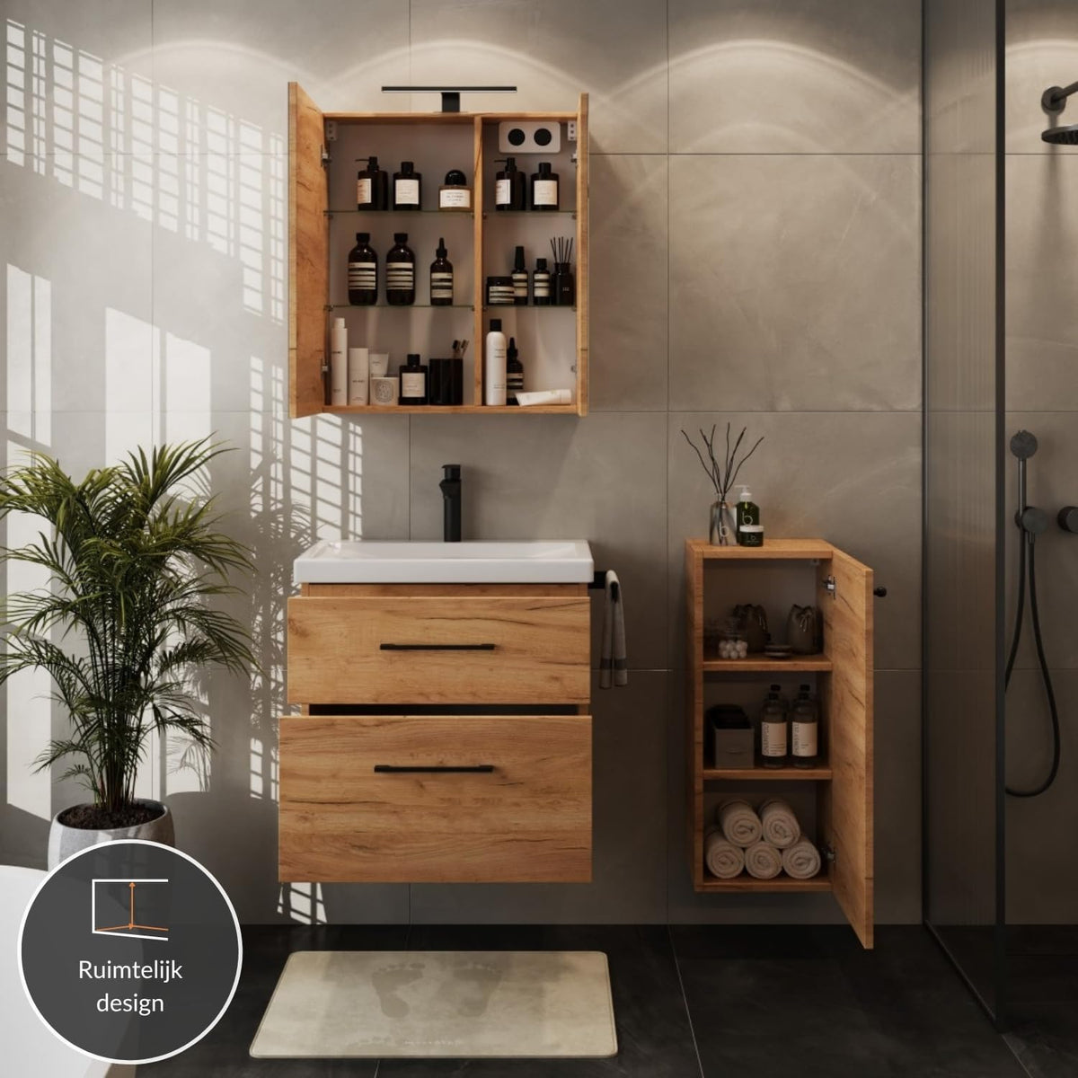 Planetmöbel bathroom furniture set washbasin with vanity unit 63 x 60 x 36.5 cm, mirror cabinet 60 cm with LED lighting (matt black) & socket, with midi cabinet, gold oak - QUORE