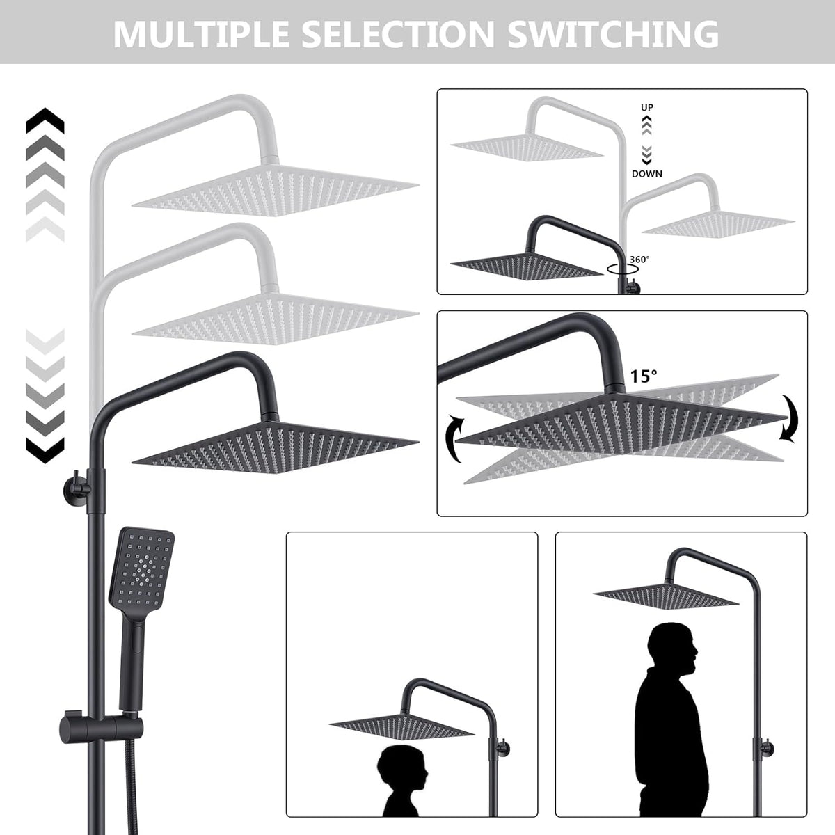 Douchesysteem met thermostaat, regendouche, doucheset, roestvrij stalen douchezuil met douchekop en handdouche, verstelbare douchestang, 960-1245 mm, complete douche-set voor badkamer, zwart