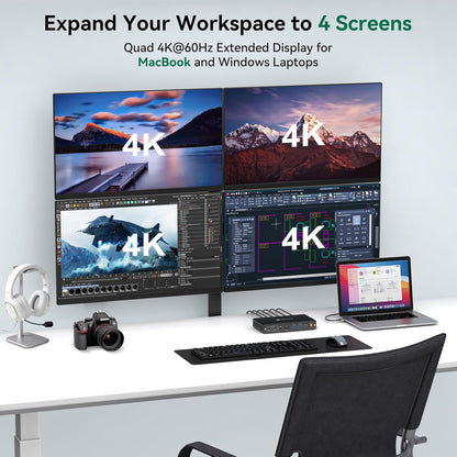 Thunderbolt Docking Station voor MacBook Air/Pro M4 Quad 4K @60Hz monitoren 15-in-1 USB C DisplayLink dockingstation voor Mac laptops met PD 100W, USB 3.2 10 Gbps