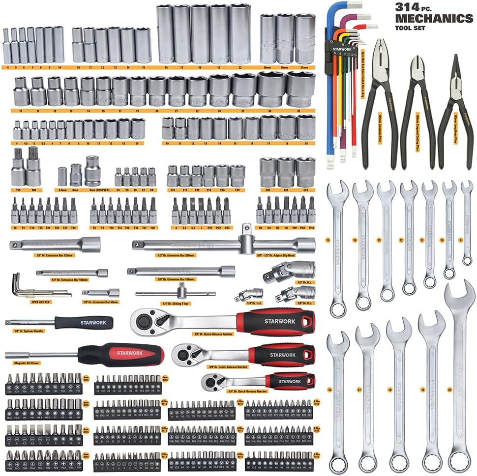 Mechanische Gereedschapsset – Werkzeugset – Handgereedschap – Reparatieset – Sleutelset – 314-Delig – Chroom-Vanadium Staal – Verstelbare Tang Met Drukknop