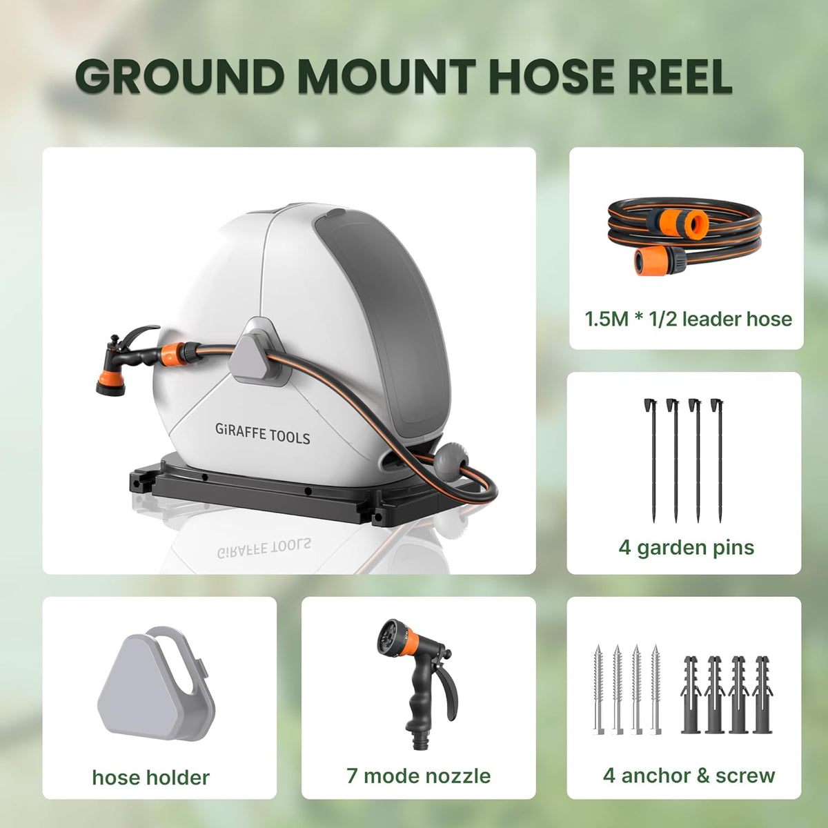 Giraffe Tools Intrekbare slanghaspel met 25 m, zware grondmontage tuinslanghaspel, met 9 functies sproeier en flexibele draaibare basis