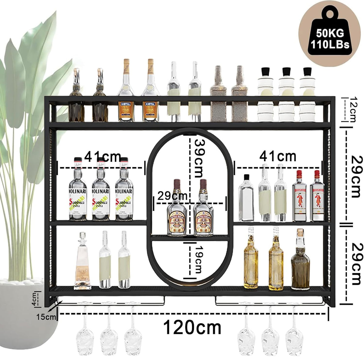 Wall Wine Rack Metal with LED Lighting & Modular Wine Bottle Holder | Modern Wine Storage for Home Bar, Kitchen, Hospitality | Robust Holder + Easy Assembly (incl. Plugs) (Black, 1.2 m) - QUORE