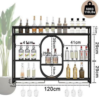 Wall Wine Rack Metal with LED Lighting & Modular Wine Bottle Holder | Modern Wine Storage for Home Bar, Kitchen, Hospitality | Robust Holder + Easy Assembly (incl. Plugs) (Black, 1.2 m) - QUORE