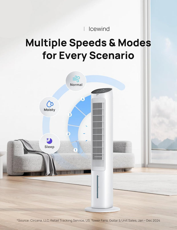 Luchtkoeler - Aircooler - Torenventilator - 40inch Ventilator - Verdampingskoeler - met Waterkoeling - Stil - 80° Draaifunctie - 3 modi - 4 Snelheden - Afstandsbediening - Wit