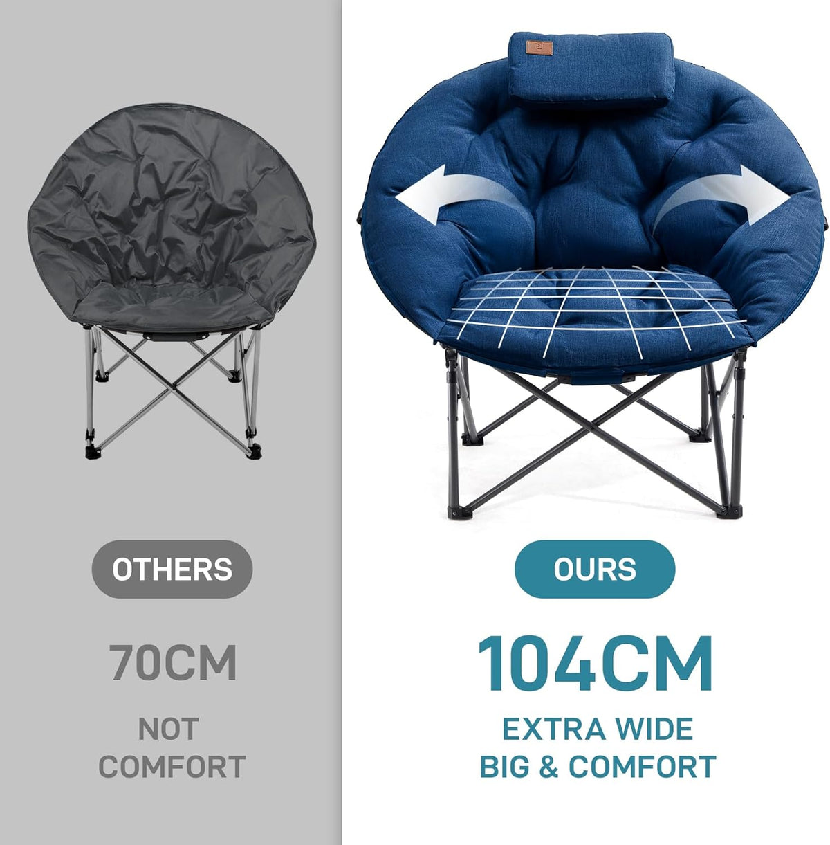EVER ADVANCED Luxe Moonchair XXL campingstoel, opvouwbaar, 150 kg belastbaar, rond, klapstoel, dik gevoerd, oversized campingstoel met kussen, extra breed, voor outdoor, camping, tuin, balkon, indoor