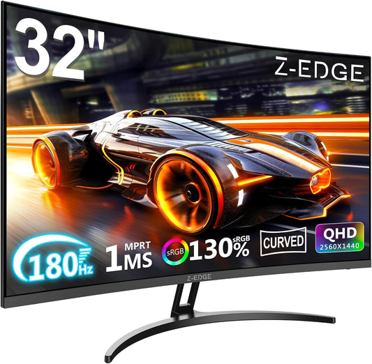 Z-Edge Gaming Monitor Curved 32'' 2K QHD(2560x1440), 1ms, 180Hz, FreeSync, 16:9 Curved Screen, 1500R VA, Tilt Adjustable, DP1.4(180HZ), HDMI2.0(144HZ), 3000:1, VESA 3.937 * 3.937 * 3.9377 in