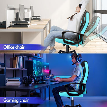 ALFORDSON Gamingstoel, PC-computer racestoel, ergonomische draaibare bureaustoel met wielen van PU-leer en stof voor thuisgebruik, cyaan