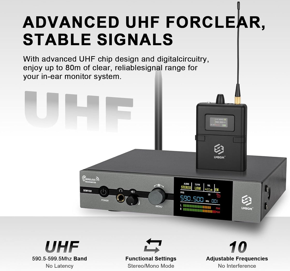 Draadloos in-ear monitorsysteem – IEM-systeem – In-ear monitor – Draadloze monitor – Podiummonitor – 1-Kanaals Set – Mono en stereomodus – UHF 550-580 MHz met 16 instelbare frequenties