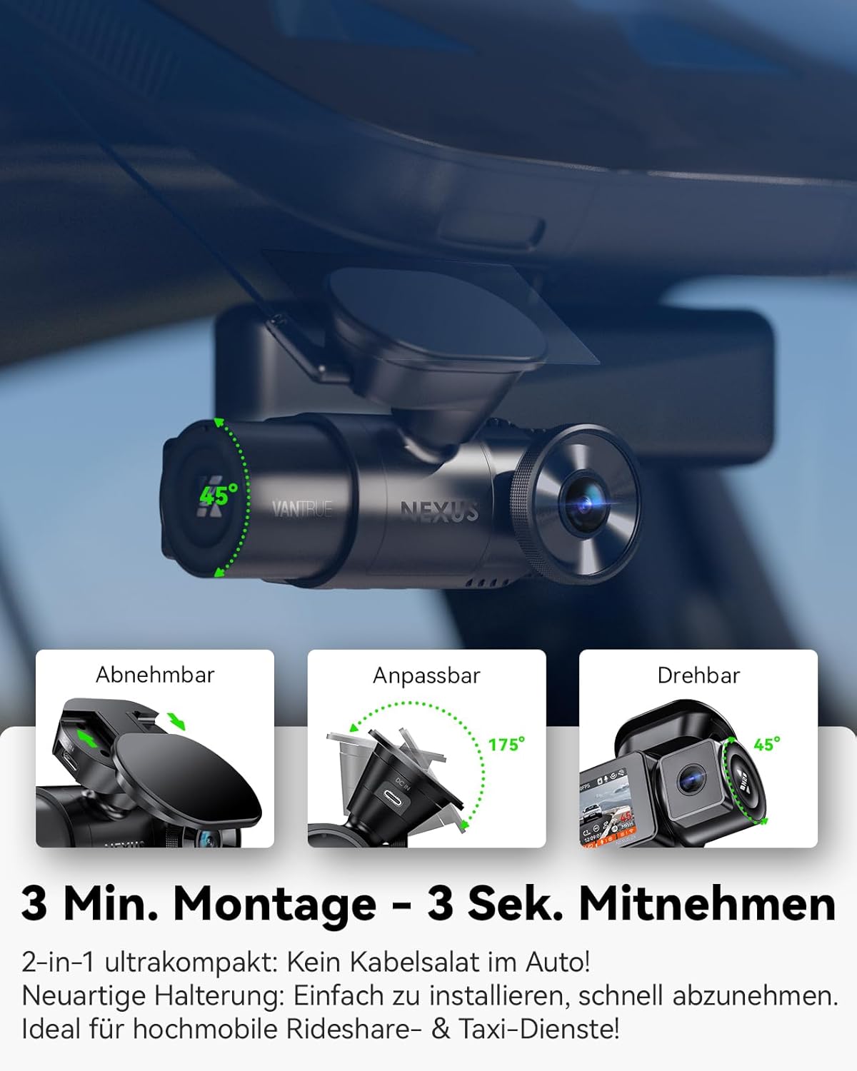 VANTRUE N2X 2,7K+1080P dashcam auto-interieur, STARVIS 2 Dual HDR nachtzicht dashcam, 2,5K/60FPS voorkant, GPS, WiFi, app en stembediening, 2″ 323° dashcam 24/7 parkeermodus, G Sensor, maximaal .512G