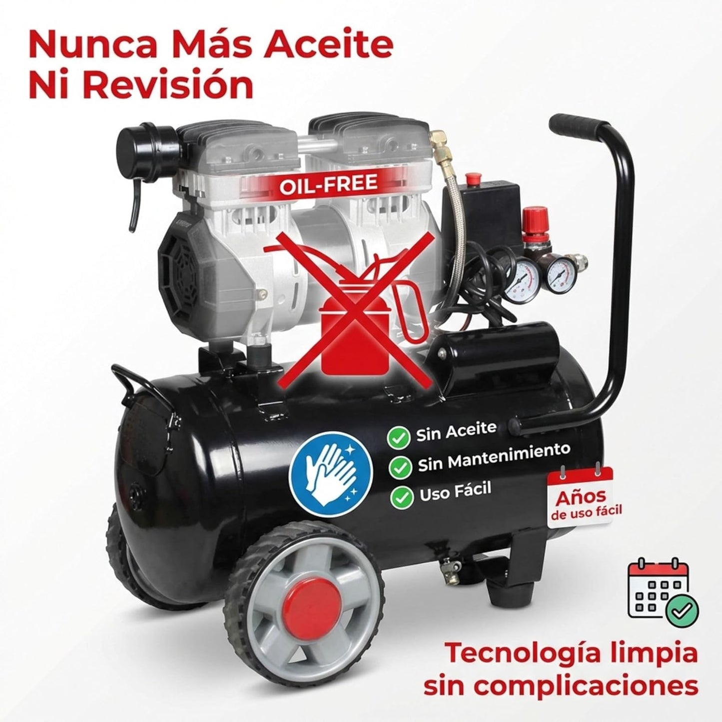Luchtcompressor – Compressor – Persluchtapparaat – Pomp – Spuitmachine – Stil Geluidsniveau 59 dB – 25 Liter Tank – 1,5 PK Motor – Max 8 Bar Druk – Olievrij Onderhoudsvrij