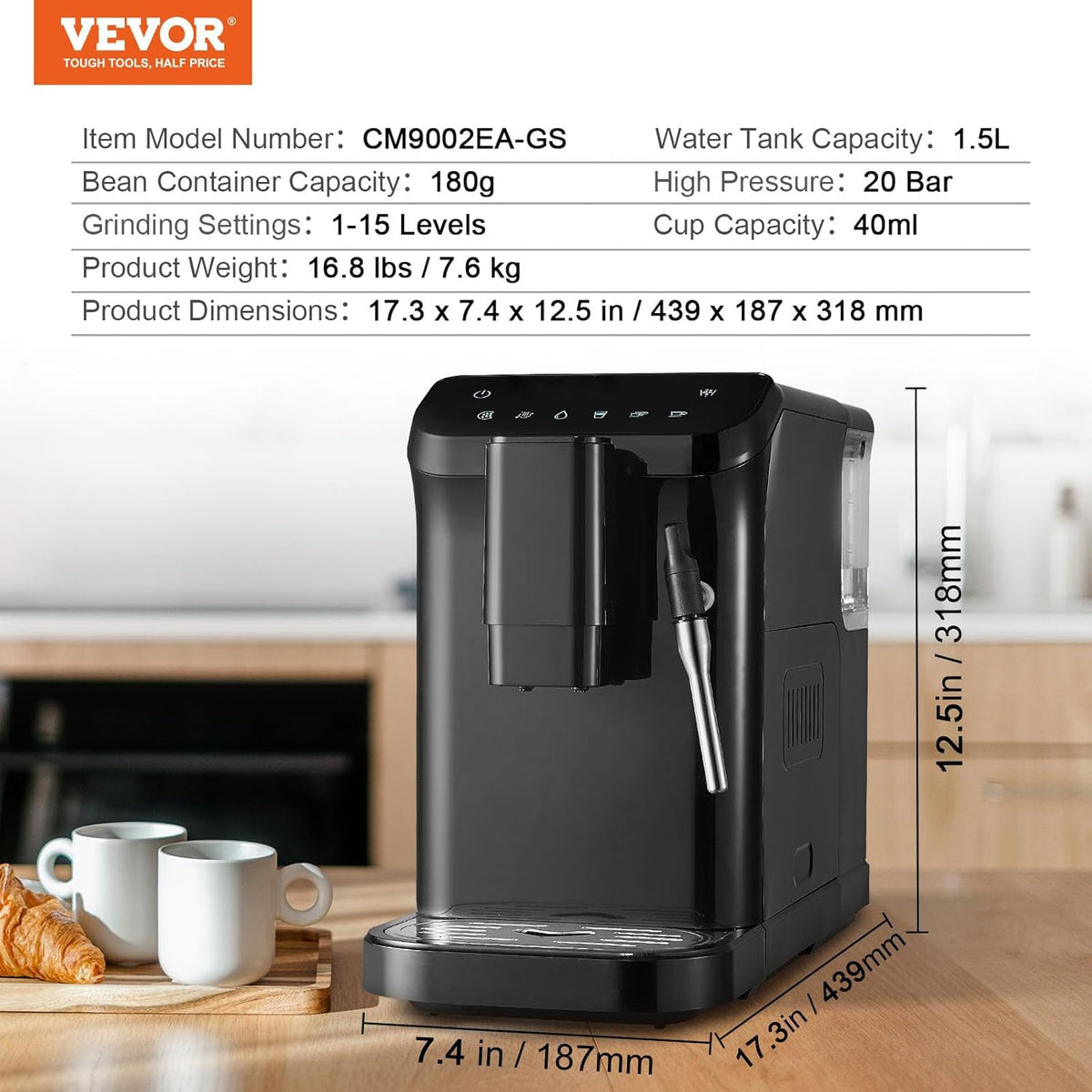 VEVOR Automatische espressomachine, espressomachine 20 bar met melkopschuimer stoommondstuk, geïntegreerde molen en 15 maalinstellingen, met 1,5 l waterreservoir voor cappuccino, latte