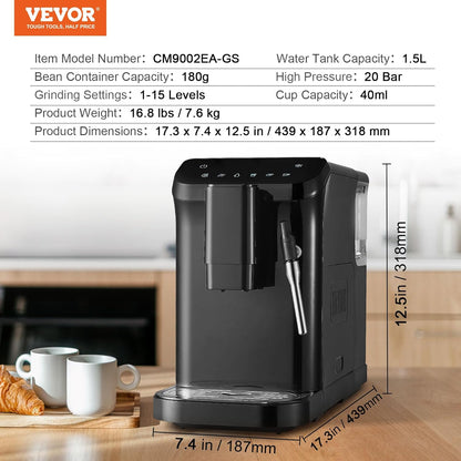 VEVOR Automatische espressomachine, espressomachine 20 bar met melkopschuimer stoommondstuk, geïntegreerde molen en 15 maalinstellingen, met 1,5 l waterreservoir voor cappuccino, latte