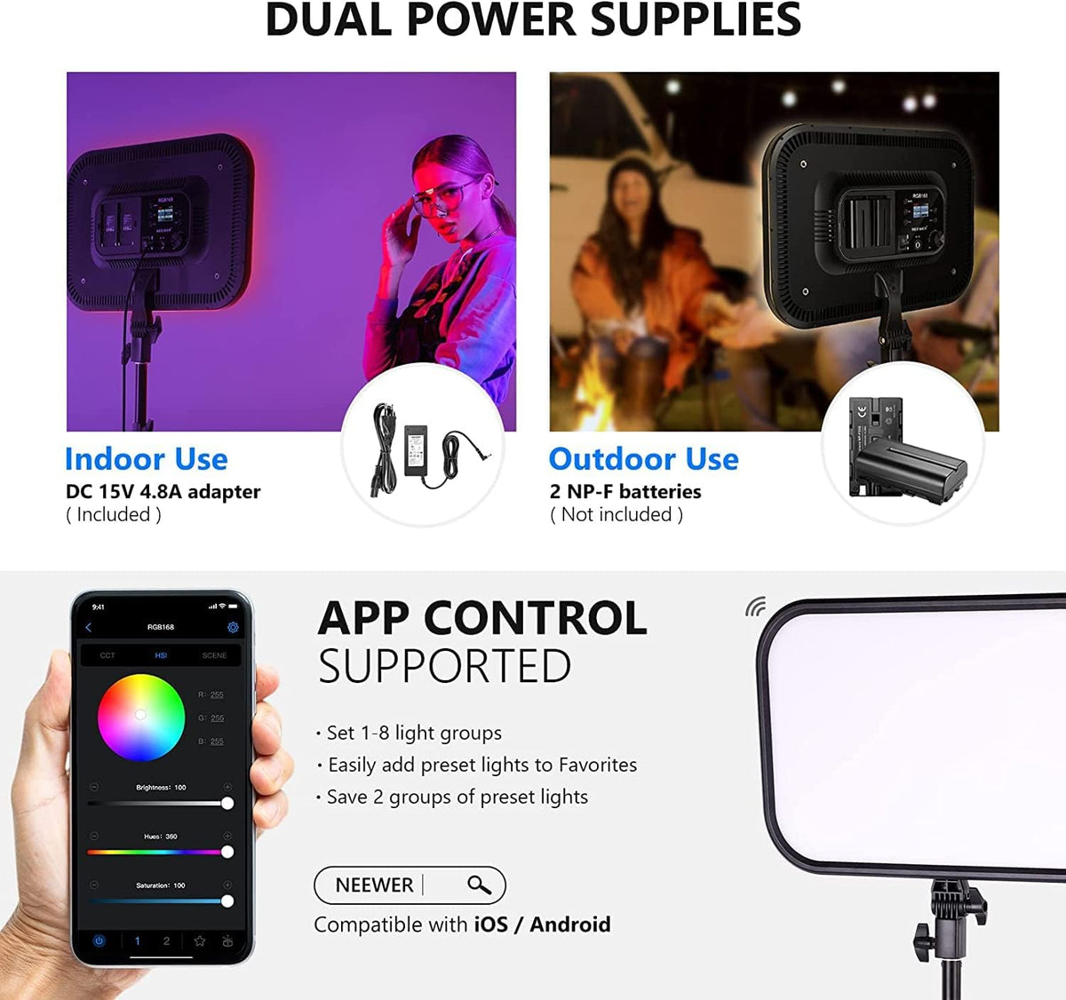 NEEWER RGB168 Videolamp, 18,3 inch, 60 W, RGB led-paneelset met statief, standaard, app-bediening, 360° volledige kleur, dimbaar, 2500K-8500K RGB videolicht/CRI 97+/17 scèneeffecten, studio-continu