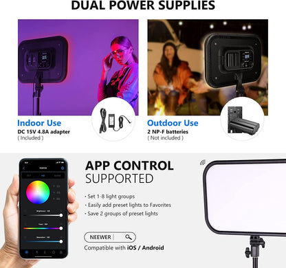 NEEWER RGB168 Videolamp, 18,3 inch, 60 W, RGB led-paneelset met statief, standaard, app-bediening, 360° volledige kleur, dimbaar, 2500K-8500K RGB videolicht/CRI 97+/17 scèneeffecten, studio-continu