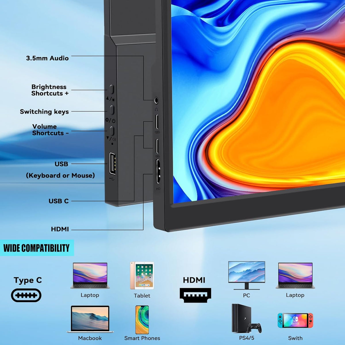 TouchScreen Draagbare monitor, Kenowa 14 inch draagbare monitor, IPS-scherm, PC 16:10 FHD, 1920 x 1200p, extern display met USB-C, HDMI voor laptop/computer/Mac/Raspberry pi/Xbox/PS3/PS4/Switch