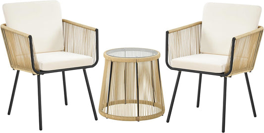 Yaheetech 3-Piece Rattan Balcony Set, Garden Furniture Set Including 2 Chairs with 6 cm Thick Seat and Back Cushion and 1 Table with 5 mm Thick Tempered Glass, Garden Seat Group for Outdoor Balcony, Light Brown/Cream White - QUORE