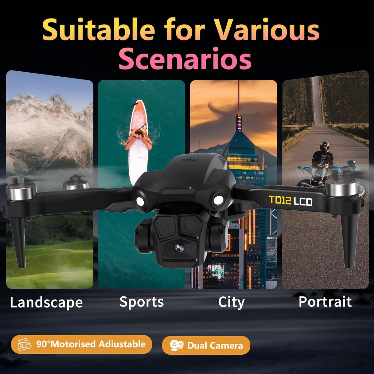 Opvouwbare Drone met Camera, Drones met LCD-schermtransmissie, Headless-modus, 90° Elektrische Aanpassing, RC Quadcopter voor Volwassenen, TD12LCD Drone voor Beginners