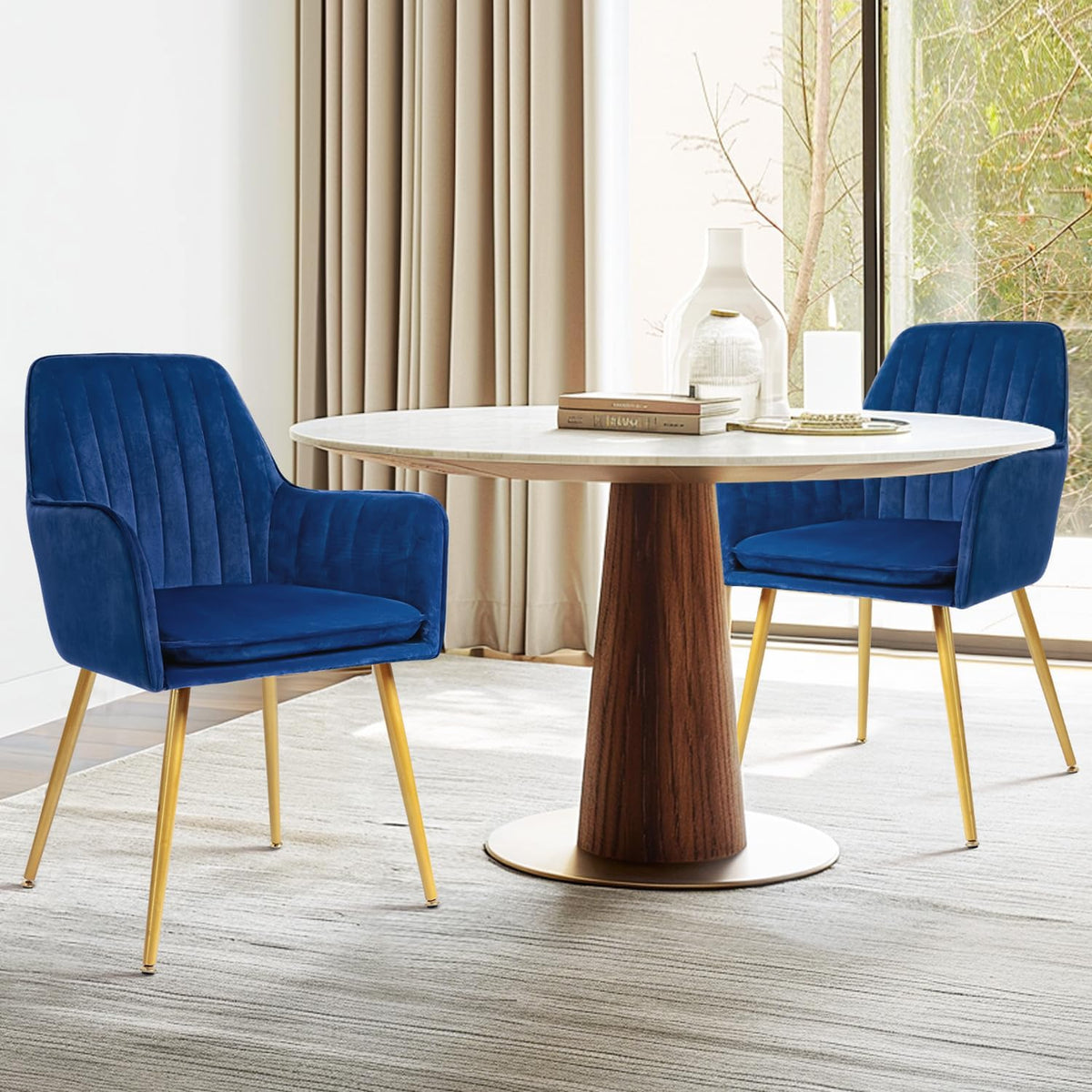 CangLong Set van 2 eetkamerstoel stijlvolle fluwelen accent fauteuil voor woonkamer eetkamer, fluweel gestoffeerde keukenstoelen met gouden metalen poten, marineblauw