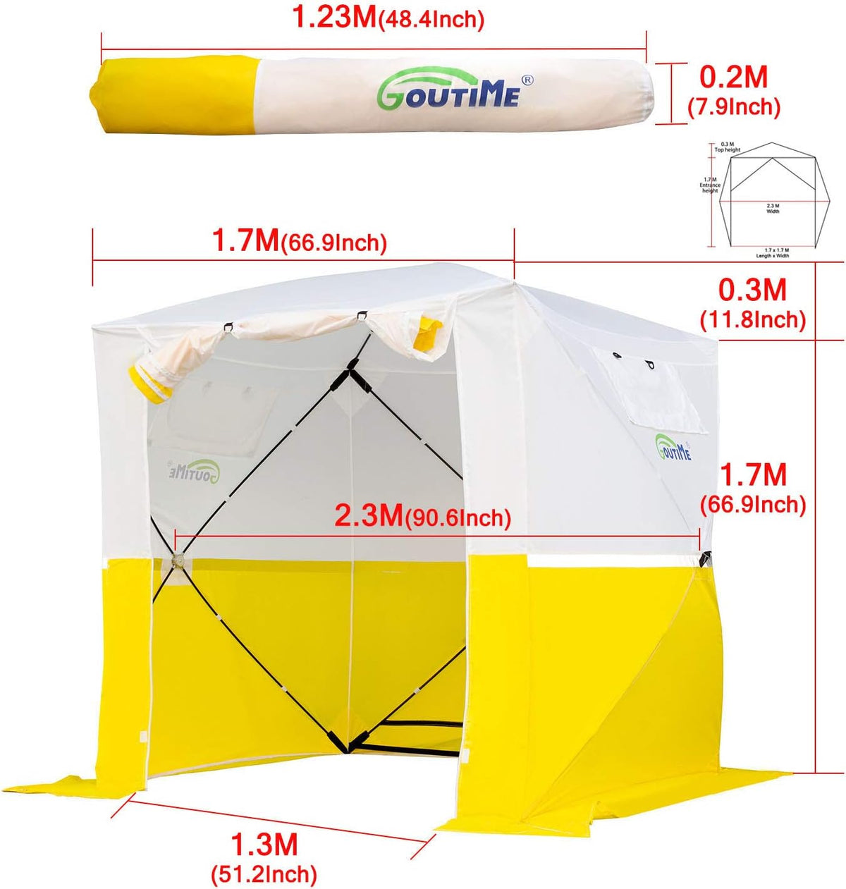Goutime 2x2m Waterdichte Opvouwbare Camping Barnum,2-3 Personen Kampeertent,vouwtent, montagetent,onmiddellijke installatie,werktent (Wit & Geel)