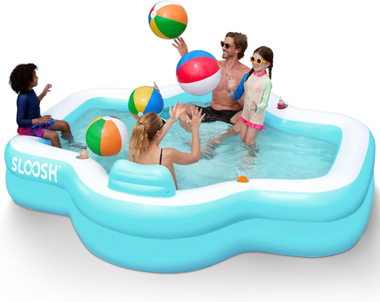 SLOOSH Opblaasbaar zwembad met zitplaatsen, 305 x 257 x 66 cm, bovengrondse familiezwembad met rugleuning en bekerhouders, kinderbadje voor zomerfeest in de tuin of op het gazon, cyaan