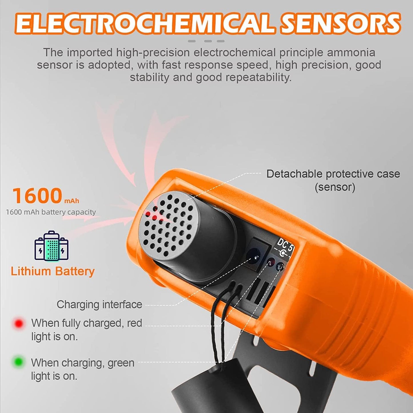 Ammoniak Gas Detector 0~100 PPM NH3 Monitor Tester, Oplaadbare Ammoniakanalyser Deeltjesdetector Professionele Meter met Temperatuur, Vochtigheid voor Pluimvee, Boerderij - RQ-5800G