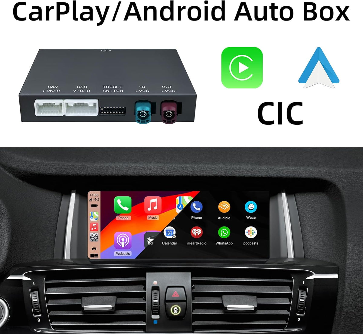 Retrofit Kit Decoder BMW CIC Systeem – CarPlay Adapter – Android Auto Interface – Draadloze Multimedia Module – Bluetooth WiFi Receiver – Draadloze CarPlay & Android Auto – Plug-and-Play Installatie – Originele Stuurwielbediening