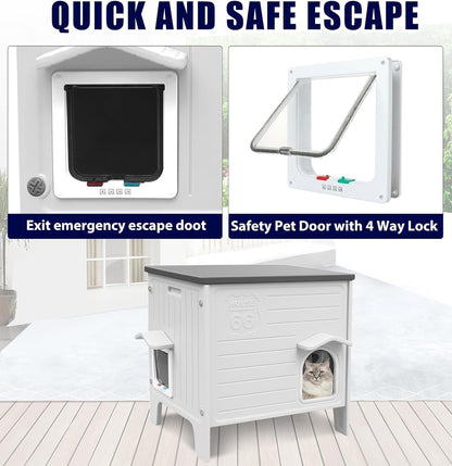 HiCaptain Kattenhuis, outdoor, winterbestendig, voor katten, kunststof verwilderd, outdoor kattenhuis, puppyverblijf voor kleine en middelgrote huisdieren, box voor huisdieren, wit