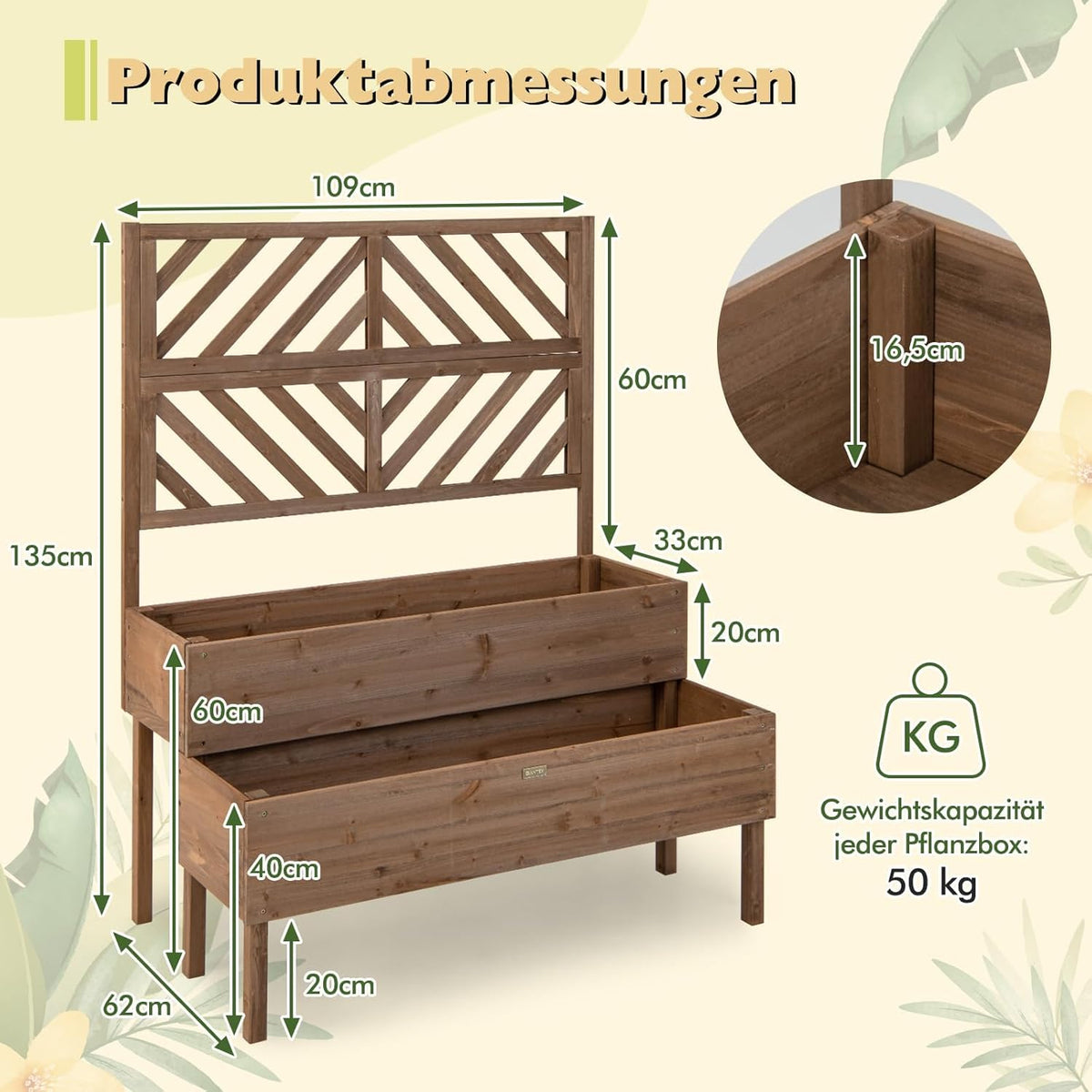 FANTASK Bloembak met latwerk van dennenhout, tuinspalier met 2 rankkasten, verhoogd bloembed met rankrooster en drainagegat, bloempot voor tuin, binnenplaats, balkon, bruin