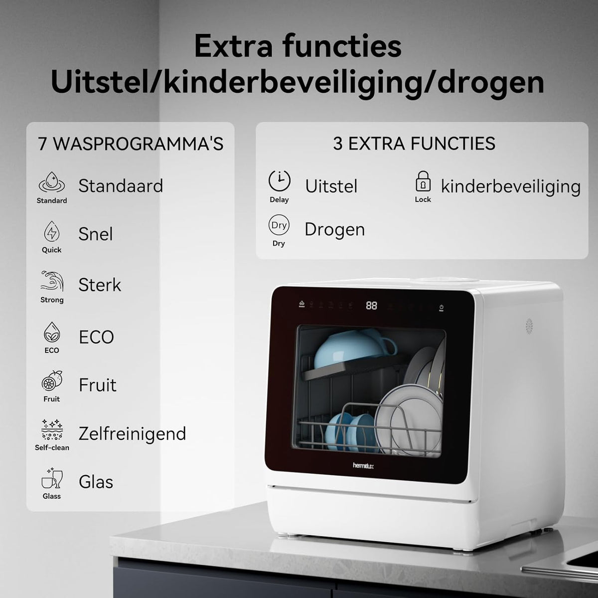 Hermitlux Tafelvaatwasser, mini-vaatwasser met 7 + 3 programma's, 5 couverts, 5 l watertank, startvertraging en kinderbeveiliging