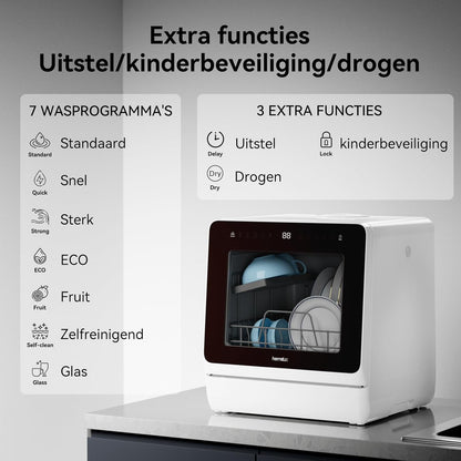 Hermitlux Tafelvaatwasser, mini-vaatwasser met 7 + 3 programma's, 5 couverts, 5 l watertank, startvertraging en kinderbeveiliging