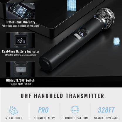 Phenyx Pro Quad Channel draadloos microfoonsysteem, 4 handheld draadloze microfoons, 4 x 40 kanalen, auto scan, bereik 100 meter, ideaal voor zang, kerk, karaoke (PTU-7000-4H)