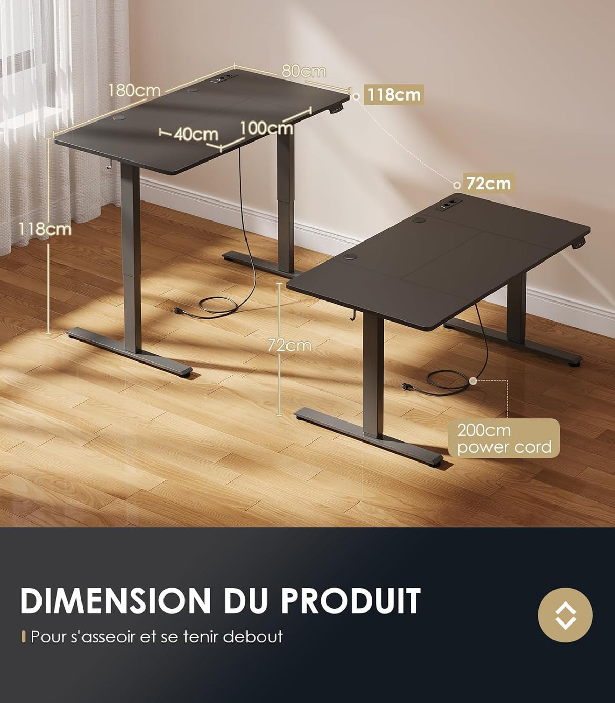 OffiGo Bureau Assis-Debout, 180 cm Elektrisch Bureau met Stopcontacten en USB, Standing Desk met 2 Geheugenstanden, Elektrische Tafel voor Thuis, Zwart