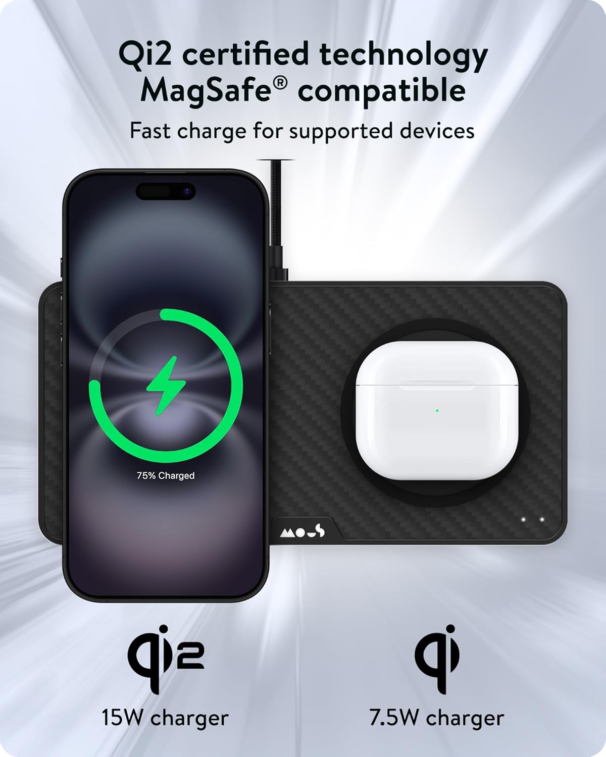 Mous - Dual Charging Station met Qi2 tot 15W snel opladen - MagSafe oplader compatibel met iPhone 16/15/14/13/12 serie en Airpods - USB-C kabel - Aramide Fibre