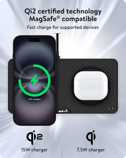 Mous - Dual Charging Station met Qi2 tot 15W snel opladen - MagSafe oplader compatibel met iPhone 16/15/14/13/12 serie en Airpods - USB-C kabel - Aramide Fibre