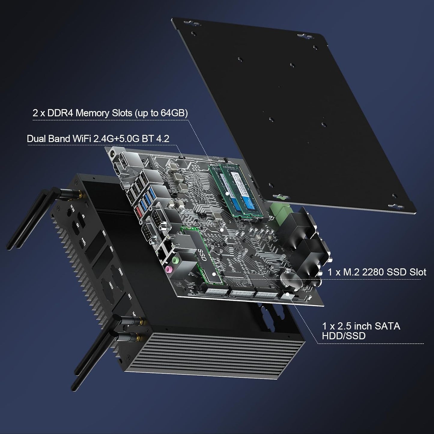 HISTTON Mini PC Zonder Ventilator Core i7-10710U, DDR4 16GB RAM 512GB M.2 SSD, Industriële PC Met 6 RS232 COM, HD+DP+Typ-C Drievoudig Display, 2LAN/8USB/WiFi5/BT4.2, Mini Computer Windows 11 Pro