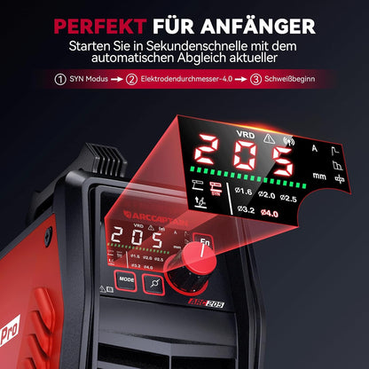 ARCCAPTAIN IControl ARC205 Pro Elektrodenlasapparaat, app-bediening, 205 ampère ARC/Lift TIG lasapparaat, led-display, IGBT inverter 230 V MMA lasapparaat met warmstart, boogkracht en anti-stick