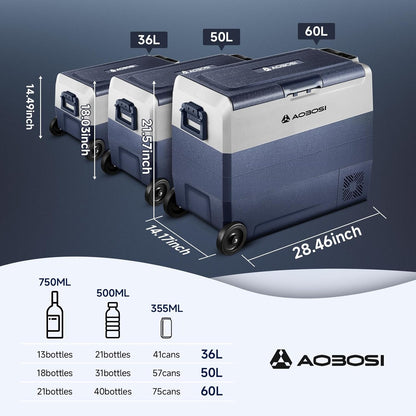 AAOBOSI Compressor-koelbox 36 L, Koelbox voor auto met app-bediening, 12/24 V en 100-240 V camping koelkast, tot -20 °C voor auto, vrachtwagen, boot, camper, camping, dual zone en twee temperaturen