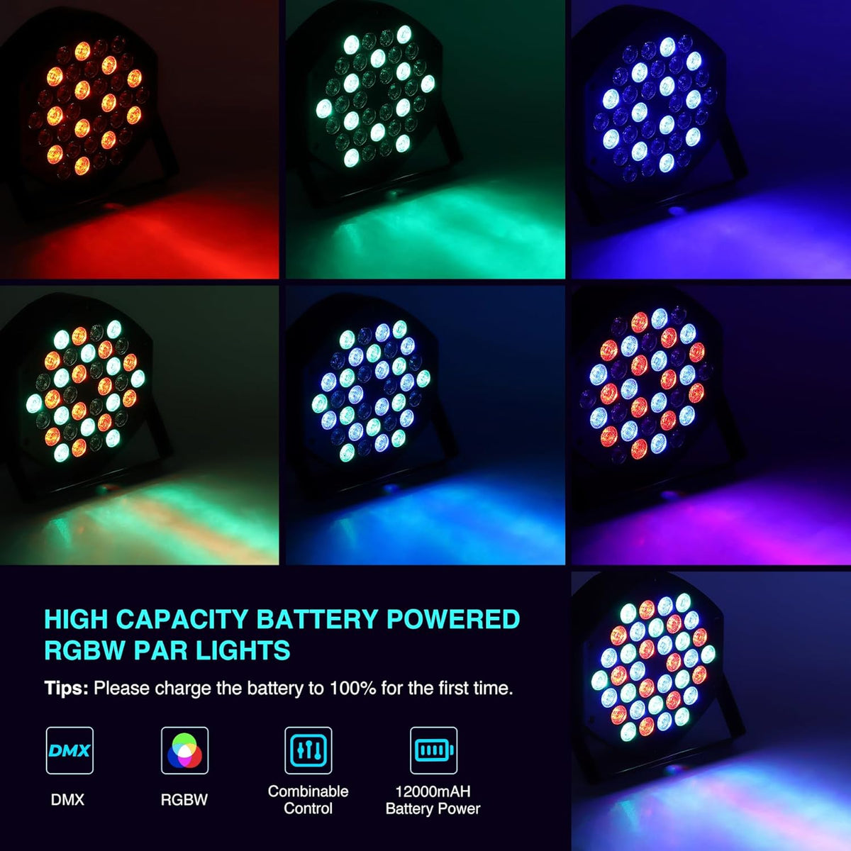 Litake 2 stuks oplaadbare led-schijnwerpers, 36 led-spots, batterij, RGB, partylicht, 7 verlichtingsmodi, podiumverlichting, flexibele afstandsbediening, DMX-besturing voor DJ, disco, party, show,