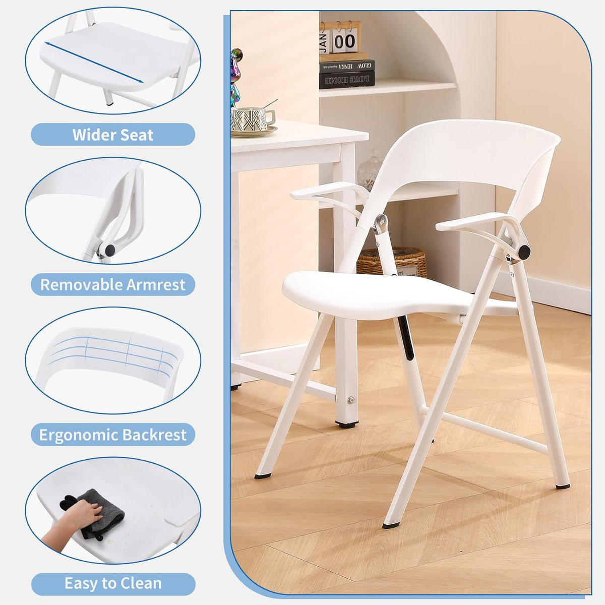 KAIHAOWIN 2 stuks kunststof klapstoel met armleuning, zware opvouwbare stoelen met stalen frame, commerciële stapelbare gaststoelen voor binnen en buiten, wit