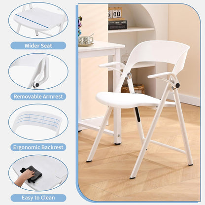 KAIHAOWIN 2 stuks kunststof klapstoel met armleuning, zware opvouwbare stoelen met stalen frame, commerciële stapelbare gaststoelen voor binnen en buiten, wit