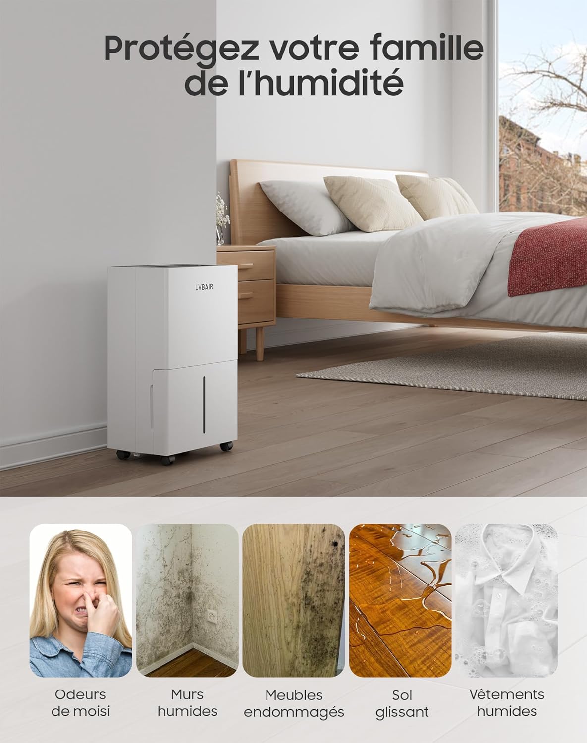 Luchtontvochtiger, 20 l/dag, krachtige elektrische ontvochtigingsapparaat, energiebesparend, draagbaar, 3 modi en slimme vochtregeling, elektrisch