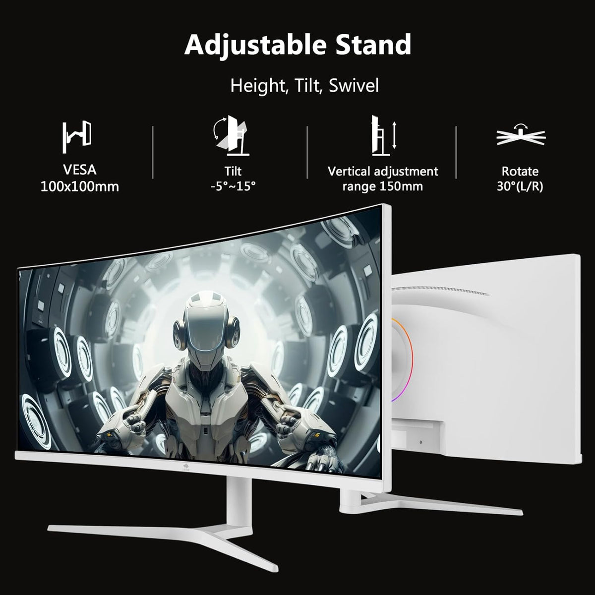 Z-Edge 34'' Curved Gaming Monitor White, 3440x1440, IPS, 165Hz (DP1.4×2), 1ms, 21:9, Height Adjustable/Tilt, Rotary, 100Hz (HDMI2.0×2), FreeSync, VESA (DP cable included)