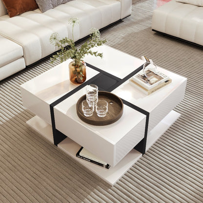 Moderne Salontafel – Hoge Glans Tafel – Opbergtafel – Lade Tafel – Vierkante Tafel – 4 Uittrekbare Laden – Duurzame Constructie – 78x78x36 cm