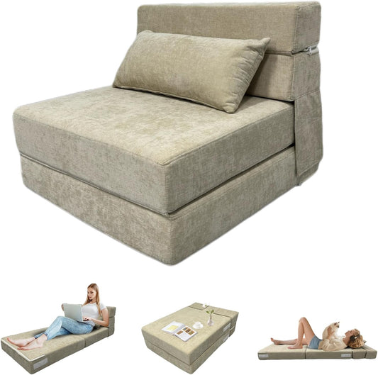 ANONER Divan-lit flexibel 70 x 190 cm, met kussen, de zitplaats zet om in matras, afneembare divanhousse, perfect voor kleine kamers en multifunctionele ruimtes, Beige