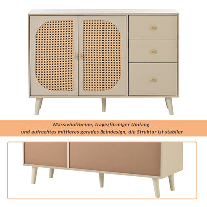 BTM Sideboard Storage Cabinet 120X40X82.5Cm, Off-White Cream with Rattan Fronts, 2 Doors & 3 Drawers, Wood Look, Modern Design for Living Room & Dining Room