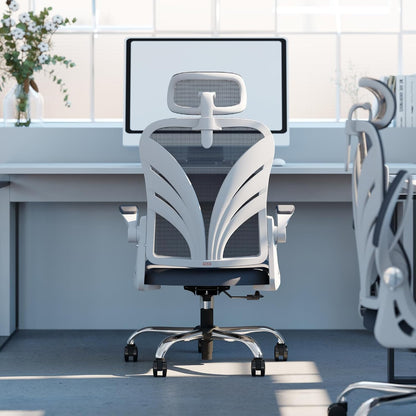 HOLLUDLE Ergonomische Bureaustoel met Opklapbare Rugleuning, Computer Bureaustoel met Opklapbare Armleuningen, Mesh Lendensteun en 2D Hoofdsteun Grote en Lange Bureaustoel, Wit