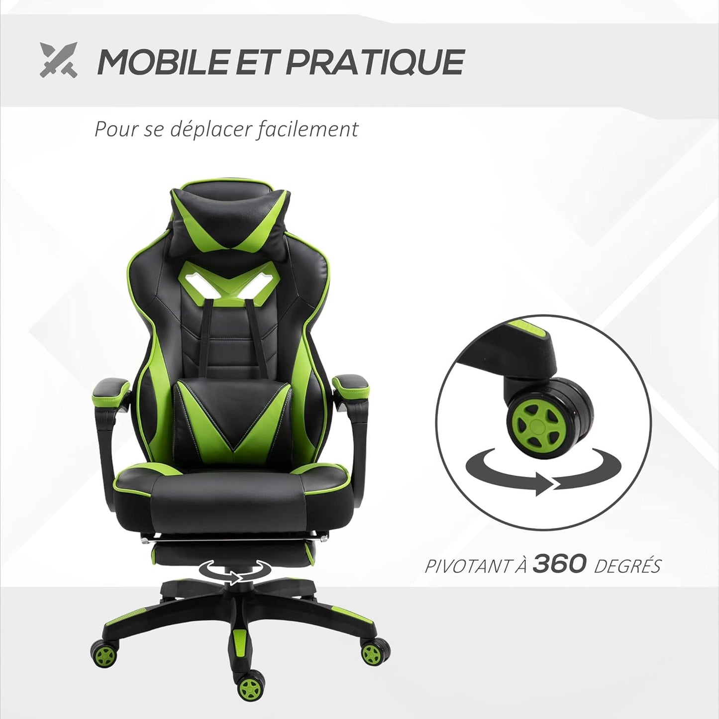 Vinsetto Ergonomic Gaming Chair, Comfortable Office Chair with Footrest, Headrest and Lumbar Cushion, Height Adjustable, Black and Green - QUORE