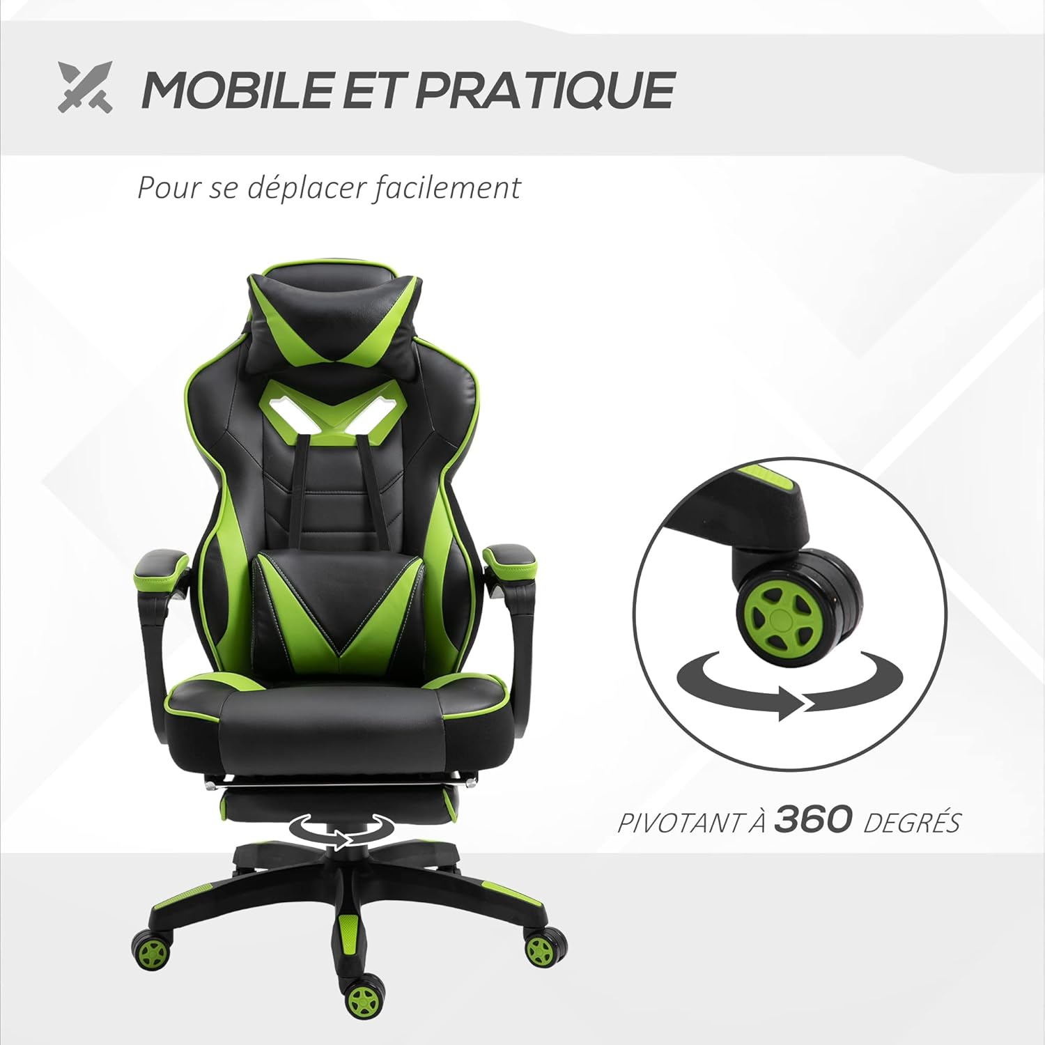 Vinsetto Ergonomic Gaming Chair, Comfortable Office Chair with Footrest, Headrest and Lumbar Cushion, Height Adjustable, Black and Green - QUORE