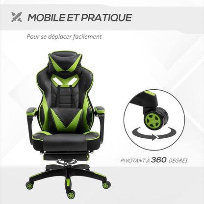 Vinsetto Ergonomic Gaming Chair, Comfortable Office Chair with Footrest, Headrest and Lumbar Cushion, Height Adjustable, Black and Green - QUORE