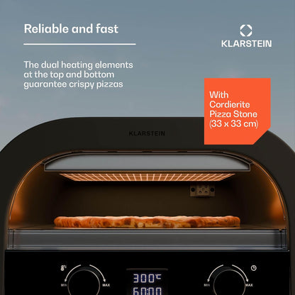 Klarstein Pizzaoven met dubbel verwarmingselement boven en onder voor binnen en buiten, 13 inch, 2,2 kW - tot 500 °C, met digitaal display en tijd- en temperatuurcontrole, cool touch-functie